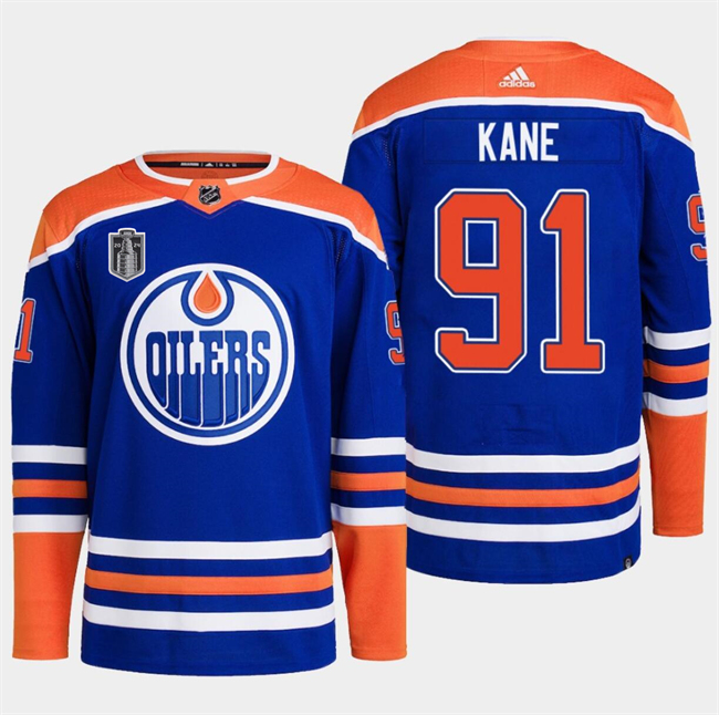 Men's Edmonton Oilers #91 Evander Kane Royal 2024 Stanley Cup Final Patch Stitched Jersey